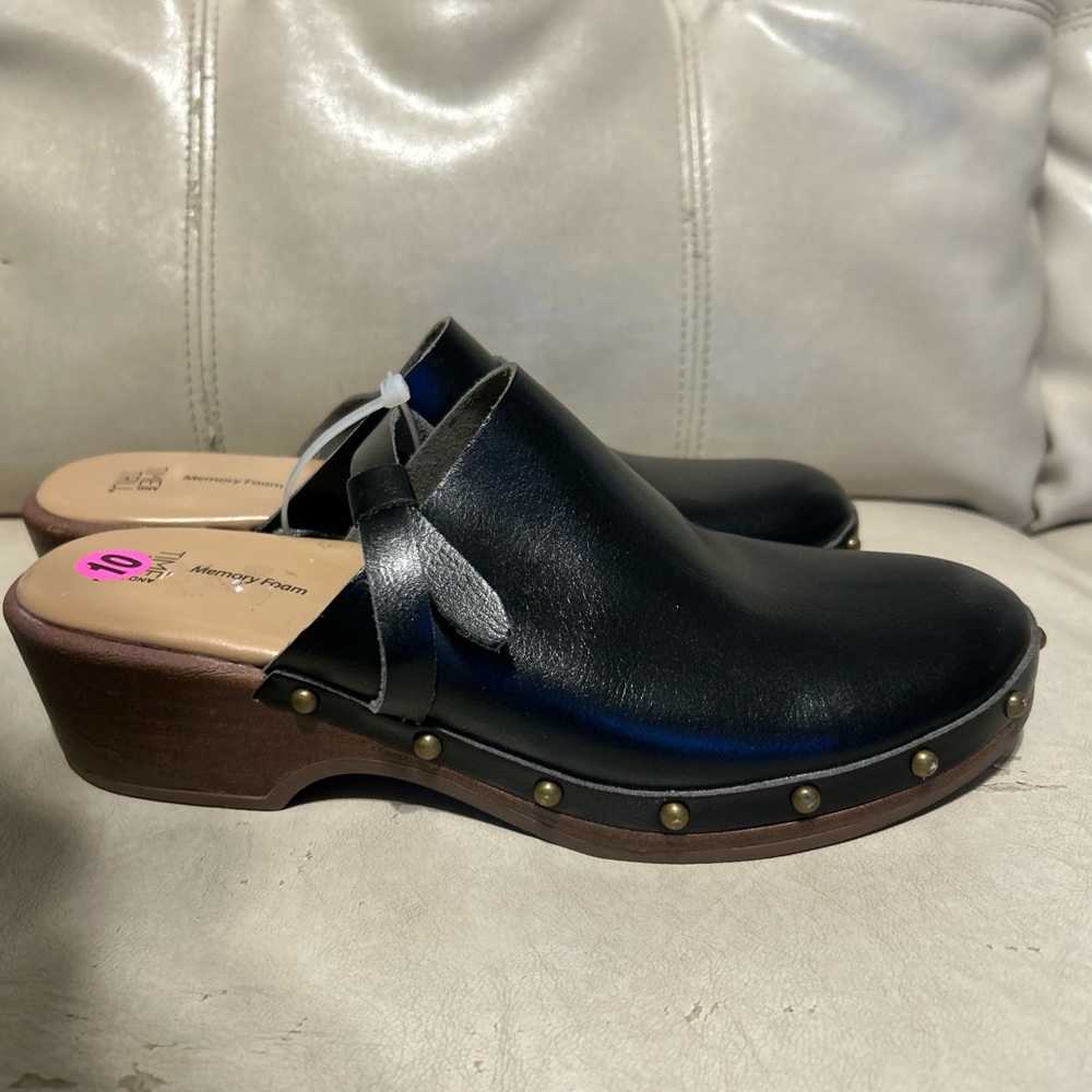 Time and Tru Black Leather Stud-Trim Clog Mules